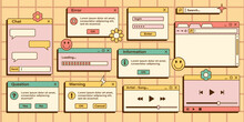 Vector Set Of Retro Vaporwave Computer Interface. Vintage Browser And Dialog Window Templates. Vector Illustration Of Nostalgic UI And UX.