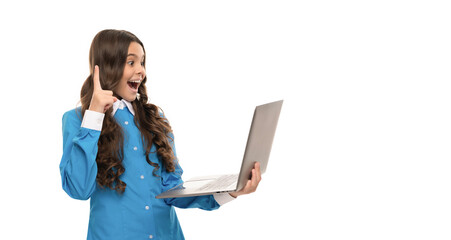 Canvas Print - amazed face of teen girl hold computer inspired with idea isolated on white, education.