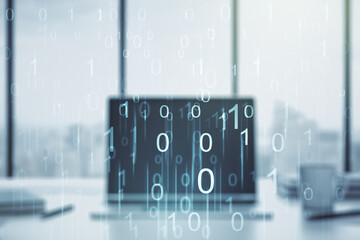 Poster - Creative concept of binary code illustration on modern laptop background. Big data and coding concept. Multiexposure