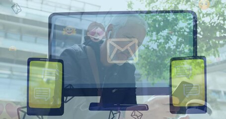 Poster - Animation of emails, tablets and computer with copy space over senior caucasian man with smartphone