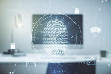 Aufkleber - Double exposure of abstract creative fingerprint hologram on laptop background, research and development concept