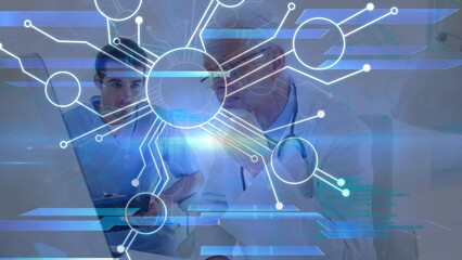 Poster - Animation of network of connections over caucasian male doctors with computer