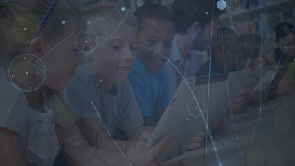 Poster - Animation of network of connections over happy diverse pupils with tablets at school