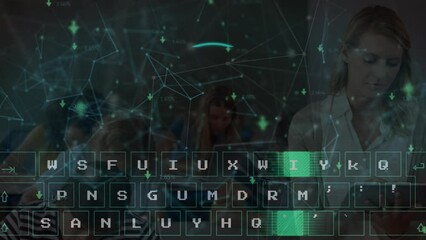 Poster - Animation of network of connections over keyboard, fingerprint and caucasian female teacher