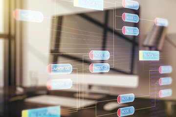 Poster - Multi exposure of abstract creative coding sketch on modern laptop background, artificial intelligence and neural networks concept