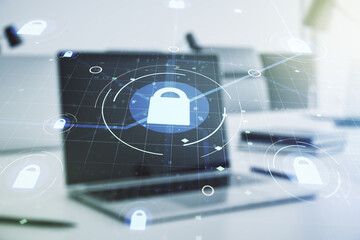 Aufkleber - Creative light lock illustration with microcircuit on modern computer background, cyber security concept. Multiexposure
