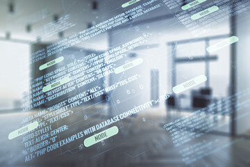 Poster - Double exposure of abstract creative programming illustration on a modern furnished office interior background, big data and blockchain concept