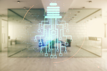Aufkleber - Virtual creative idea concept with light bulb and microcircuit illustration on a modern furnished office background. Neural networks and machine learning concept. Multiexposure