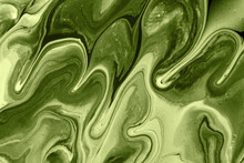 Abstract Fluid Art Background Green And Olive Colors. Liquid Marble. Acrylic Painting With Lines And Gradient.