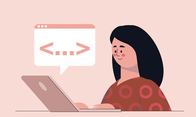 Programmer working on a laptop. Programming concept. Colorful flat vector illustration