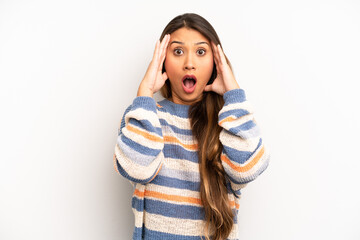 Wall Mural - asian pretty woman looking unpleasantly shocked, scared or worried, mouth wide open and covering both ears with hands