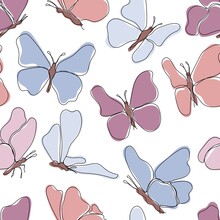 Seamless Pattern With Colorful Flying Butterflies. Cover Of Planner, Bullet Journal, Decor For Children’s Room, Textile, Greeting Card. One Line Art Vector Illustration