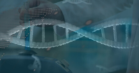 Poster - Image of spinning dna strand an data processing over caucasian scientist in laboratory