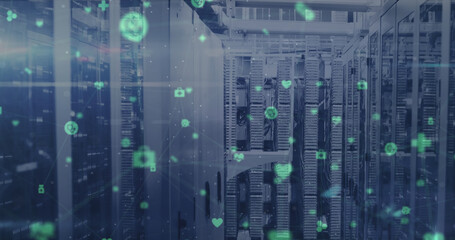 Poster - Image of data processing and network of connections over server room