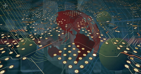 Poster - Image of computer circuit board over globe and shapes on blue background