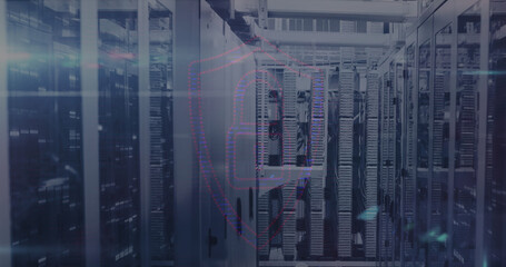 Poster - Image of data processing and padlock icon over server room