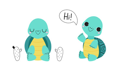 Cute turquoise turtle baby animals set. Tortoise reptilian animal character sitting and saying Hi cartoon vector illustration