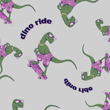 Fototapeta Dinusie - illustration of green velociraptor dino rides on pink skateboard