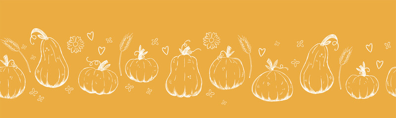 Wall Mural - Beautiful pumpkin halloween thanksgiving seamless pattern, cute cartoon pumpkins hand drawn background, great for seasonal textile prints, holiday banners, backdrops or wallpapers - vector surface