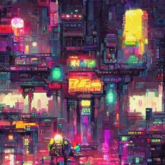 Cyberpunk neon city night. Futuristic city scene in a style of pixel art. 80's wallpaper. Retro future 3D illustration. Urban scene.