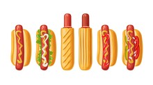 6 Different Types Hotdog With Tomato, Ketchup, Mayo, Lettuce, Mustard, Onion. Vector Color Flat Icon