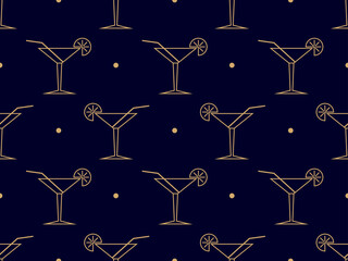 Wall Mural - Art deco cocktail seamless pattern. Glass of martini with straws and orange slices of the 1920s - 1930s. Design of bar menus, advertising materials and invitations. Vector illustration