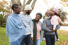 Image Of Happy Multi Generation African American Family Having Fun Outdoors In Autumn