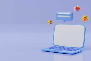 Poster - 3d render illustration, A Laptop computer with a chat keyboard emoji notification icon on the side blue background.