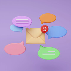 Poster - Notification message full color icon bubble symbol or new contact alert chat and web flat design isolated on purple background with social communication email reminder. 3D rendering illustration