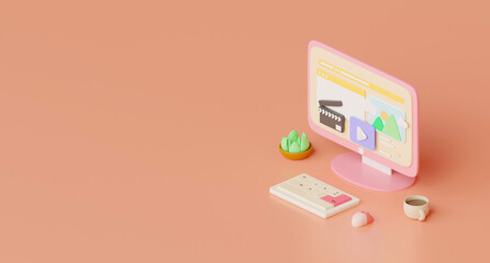 Poster - 3d render illustration, A Computer Desktop with a chat keyboard emoji notification icon on pink background.