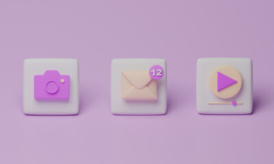 Poster - Notification message full color icon bubble symbol or new contact alert chat and web flat design isolated on purple background with social communication email reminder notice 3D rendering illustration