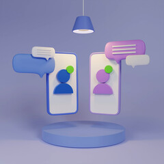 Poster - 3d render illustration, A Smartphone with a chat keyboard emoji notification icon on the side blue background.