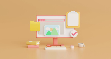 Poster - 3d render illustration, A Computer Desktop with a chat keyboard emoji notification icon on pink background.