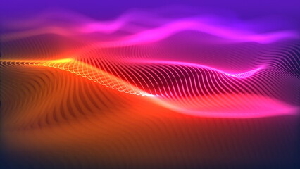 Aufkleber - Particles wave Cyber or technology background. Abstract seamless loop of mesh glowing red dots digital luxurious sparkling wave particles flows background, Motion of digital data flow.