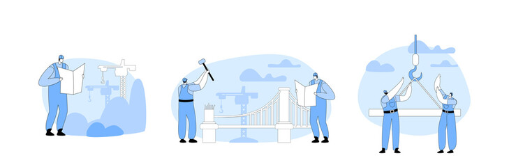 Poster - Bridge Under Construction Concept. Building Work Process With Worker Engineers and Crane. Group of Builders in Uniform