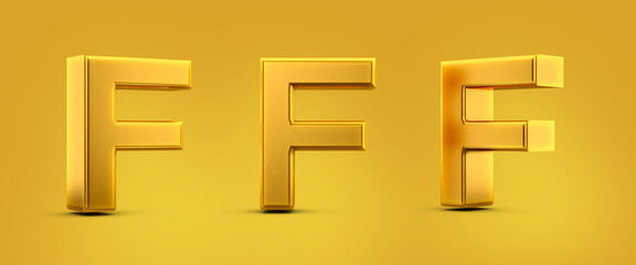 Sticker - Letter F in 3d metal gold with shadow caster and yellow background