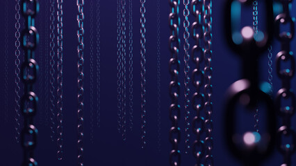  Indastrial background with hanging metal chains. Abstract dark blue horror design concept. 3D rendered image.