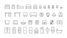 Bedroom And Bathroom Furniture Line Icon Set. Single And Double Bed, Sofa, Shower, Bath, Accessories. Linear Furniture For Interior House, Plumbing, Home Appliances. Vector Outline Sign