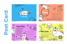 Cute Meow Postcard Template Funny Childish Unicorn Cat Character With Rainbow Set Vector