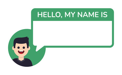 Poster - Man avatar with Hello, my name is text isolated on white background. Message template concept.