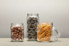 Glass Jars With Pasta And Nuts