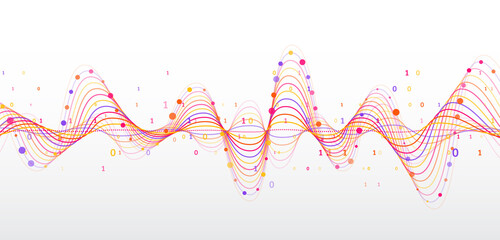 Poster - Sorting transformation of information. Colorful wavy lines. Abstract data visualization on a gray-white background.