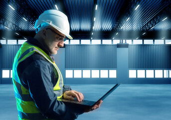 Poster - architect in industrial building. concept of designing factories and plants. adult human with laptop