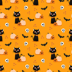 Wall Mural - Black Cat and Spooky Halloween Pumpkin Seamless Pattern