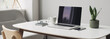 © kite_rin - Workplace, laptop computer with coffee cup, mobile phone and glasses panoramic banner. Home office, business, technology, working from home, online studying, e-learning concept