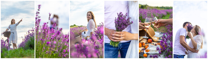 Wall Mural - Woman and man together in a lavender field collage. Selective focus.