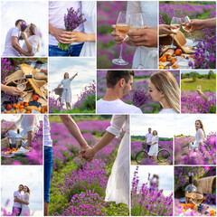 Wall Mural - Woman and man together in a lavender field collage. Selective focus.