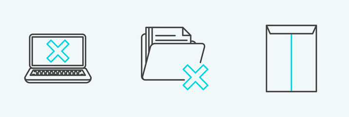Poster - Set line Envelope, Laptop and cross mark on screen and Delete folder icon. Vector