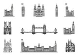 Fototapeta Big Ben - Big collection of London landmarks icons. St. Peter's Cathedral, Westminster Abbey, Big Ben, Tower Bridge. English architecture. Gothic. Vector illustration.