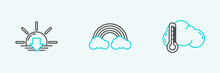 Set Line Thermometer And Cloud, Sunset And Rainbow With Clouds Icon. Vector